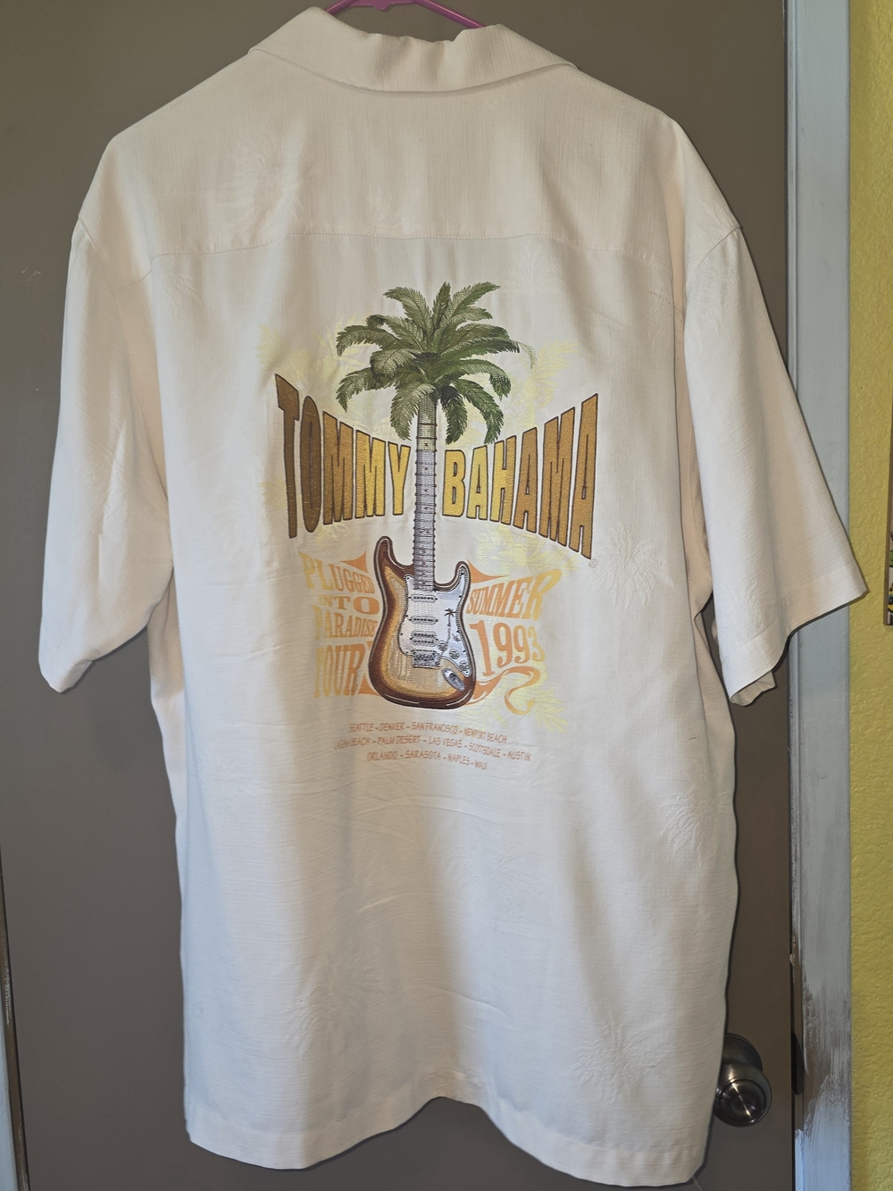 Tommy Bahama Cream Short-Sleeve Resort Shirt with Guitar & Palm Print